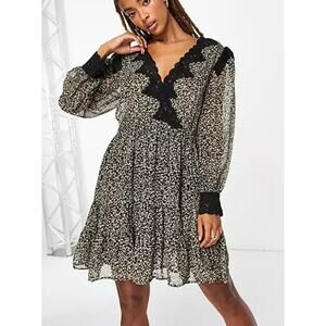 Topshop Floral Sheer Long Sleeve Lace Trim Ditsy Mini Dress Size 10